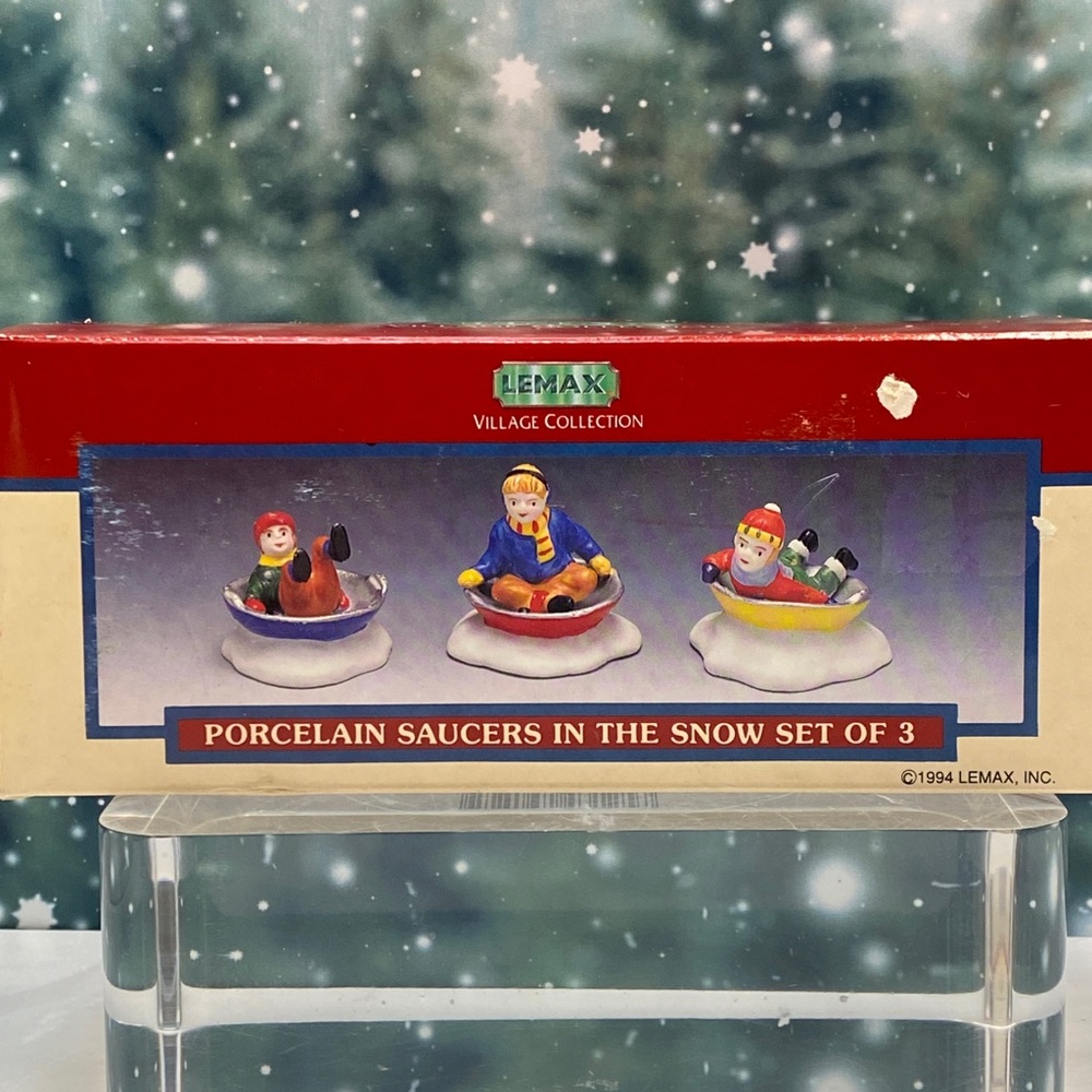 1994 Lemax Dickensvale Porcelain Saucers in the Snow • Set of 3 Kids Sledding